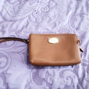 MK Michael Kors Wristlet Wallet Saffiano Leather Dark Khaki Brown Beige Tan